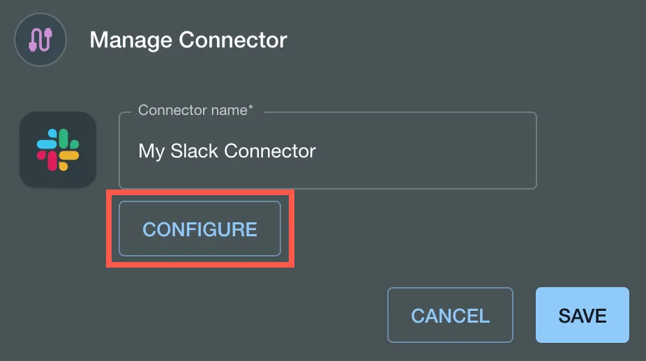 The Configure option highlighted in the Manage Connector dialog.