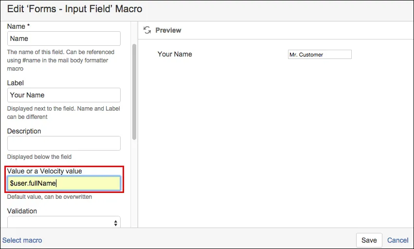 Configuration options for a Confluence input field macro showing the Value field where a Confluence Value or Velocity value can be entered