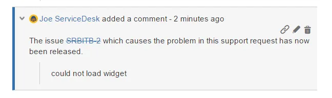 Example of service desk ticket updated with release notification comment