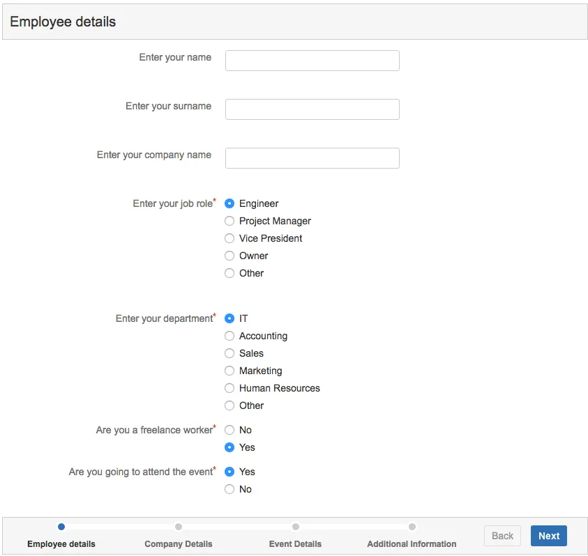 Form page showing the question “Are you a freelance worker?” with the answer Yes selected before moving to the next page