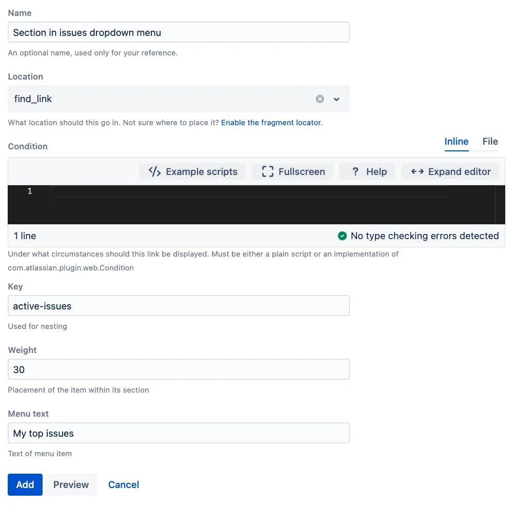 Jira configuration screen showing a web section named My Top Issues with a web item provider configured