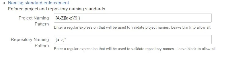 Project and repository naming rule configuration screen showing regular expression settings