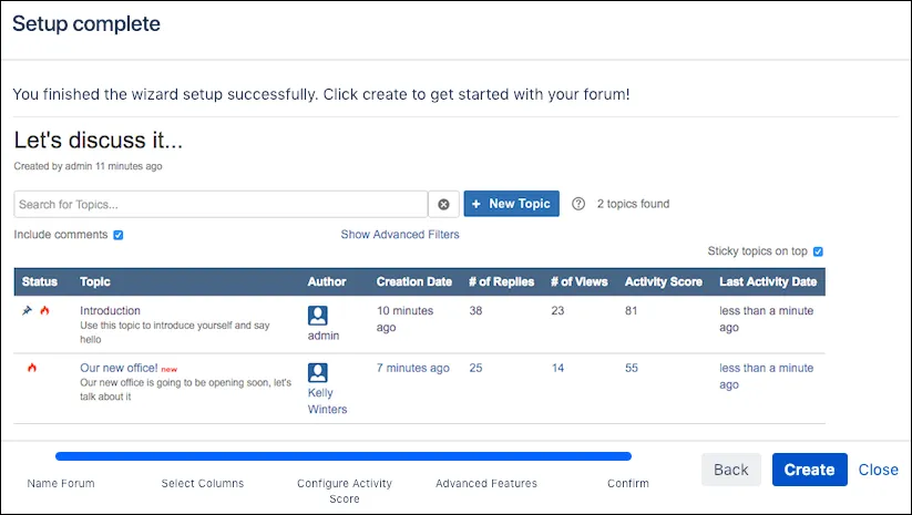 The Setup Complete window, with the option to create.