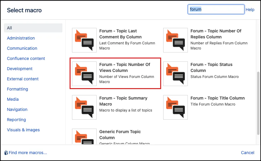 Forum macro configuration dialog showing the Forum - Topic Number of Views Column macro selected in the Other Macros menu.