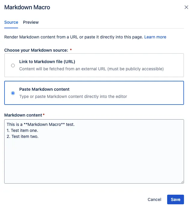 The Markdown Macro dialog with example content included.