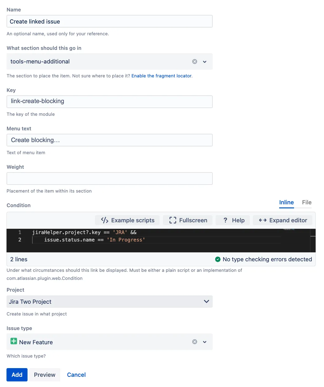 Example configuration of the Constrained create issue dialog showing a web item that opens the Create Issue dialog for a specific project and status