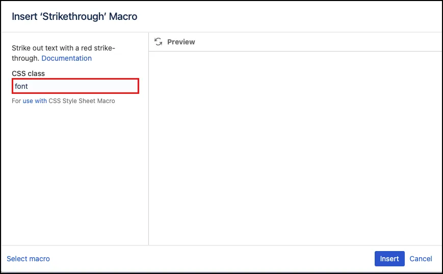 Strike Text macro settings showing the Class field set to the value "font"