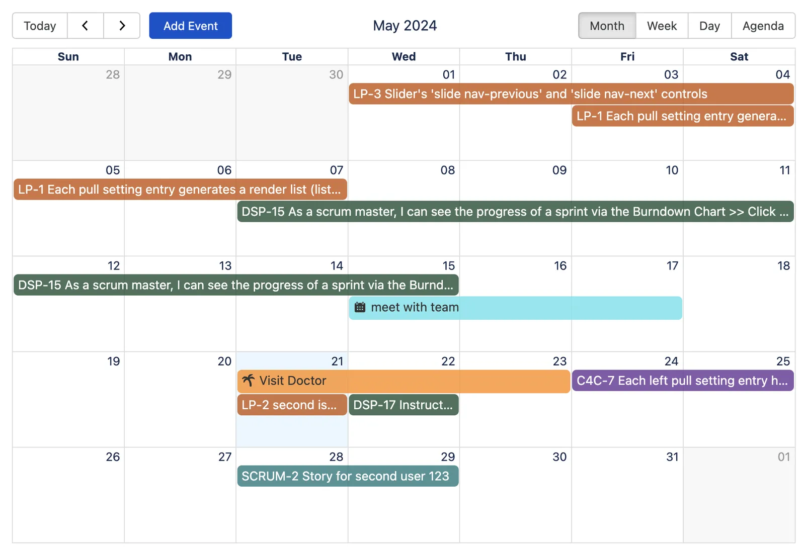 Calendar for Confluence Cloud showing Jira issues as events across a timeline in a calendar view