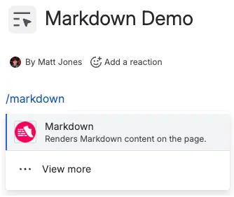 The Markdown macro option on a page in Edit mode.