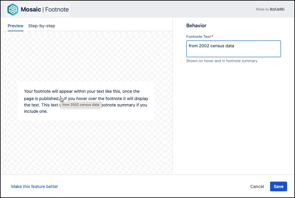 Confluence Select Macro dialog showing the Footnote macro configuration with example text “from 2002 census data”.
