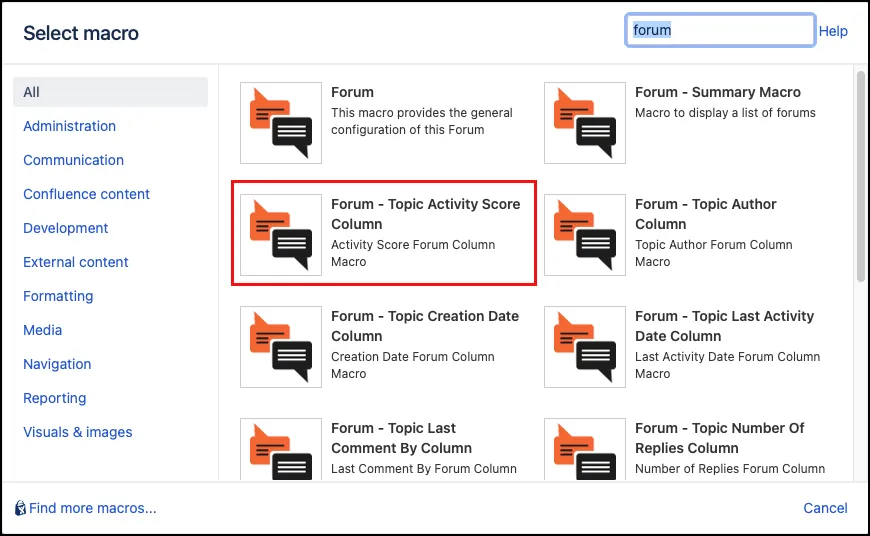 Forum macro menu showing the Topic Activity Score Column macro highlighted in the search results