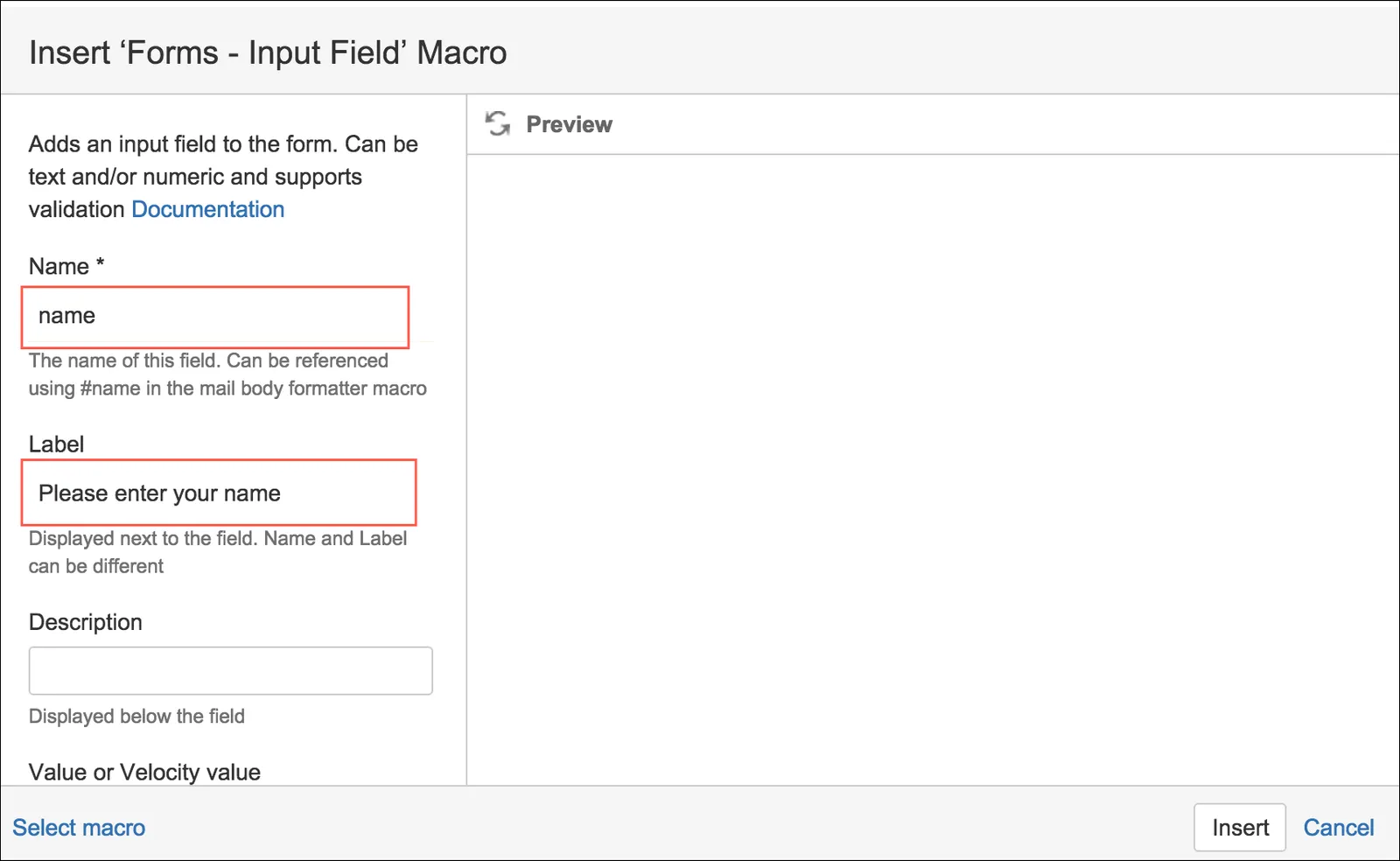 Forms - Input Field macro settings dialog in Confluence, showing the Label field configured with sample text