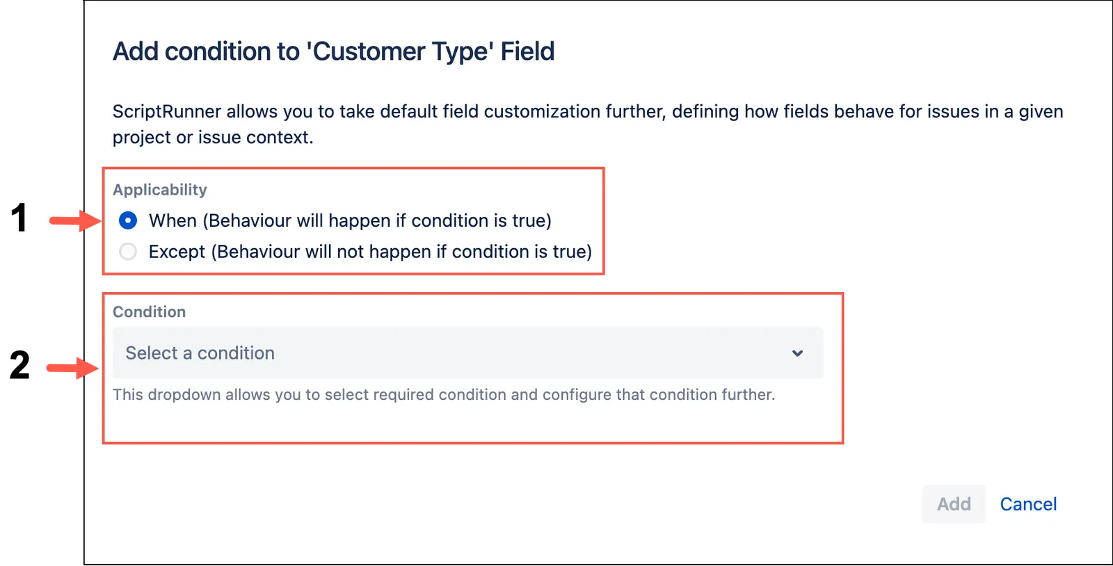 Add new condition screen showing options to run behaviours based on field conditions