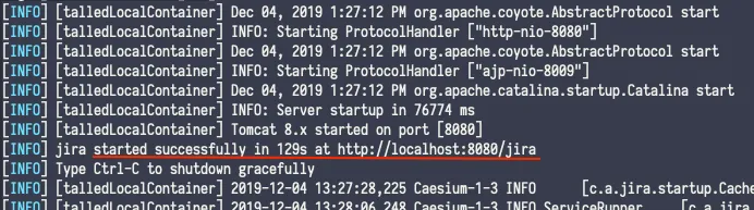 An example terminal screen, full of activity, including one line that reads, "jira started successfully at http://localhost:8080/jira."