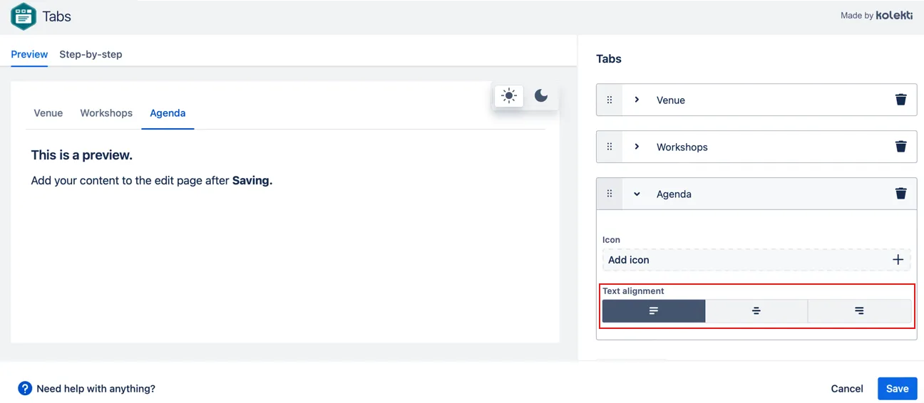 Text alignment options: left, center, and right