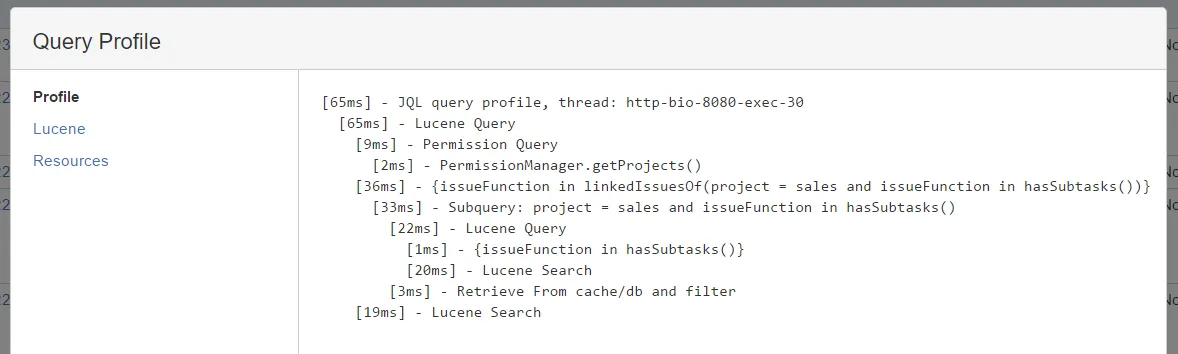 Modified JQL profile results screenshot