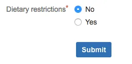 Form where selecting No hides the Dietary Preferences field