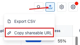 A screenshot showing the location of the Copy Sharable URL option in the Export & share data menu.