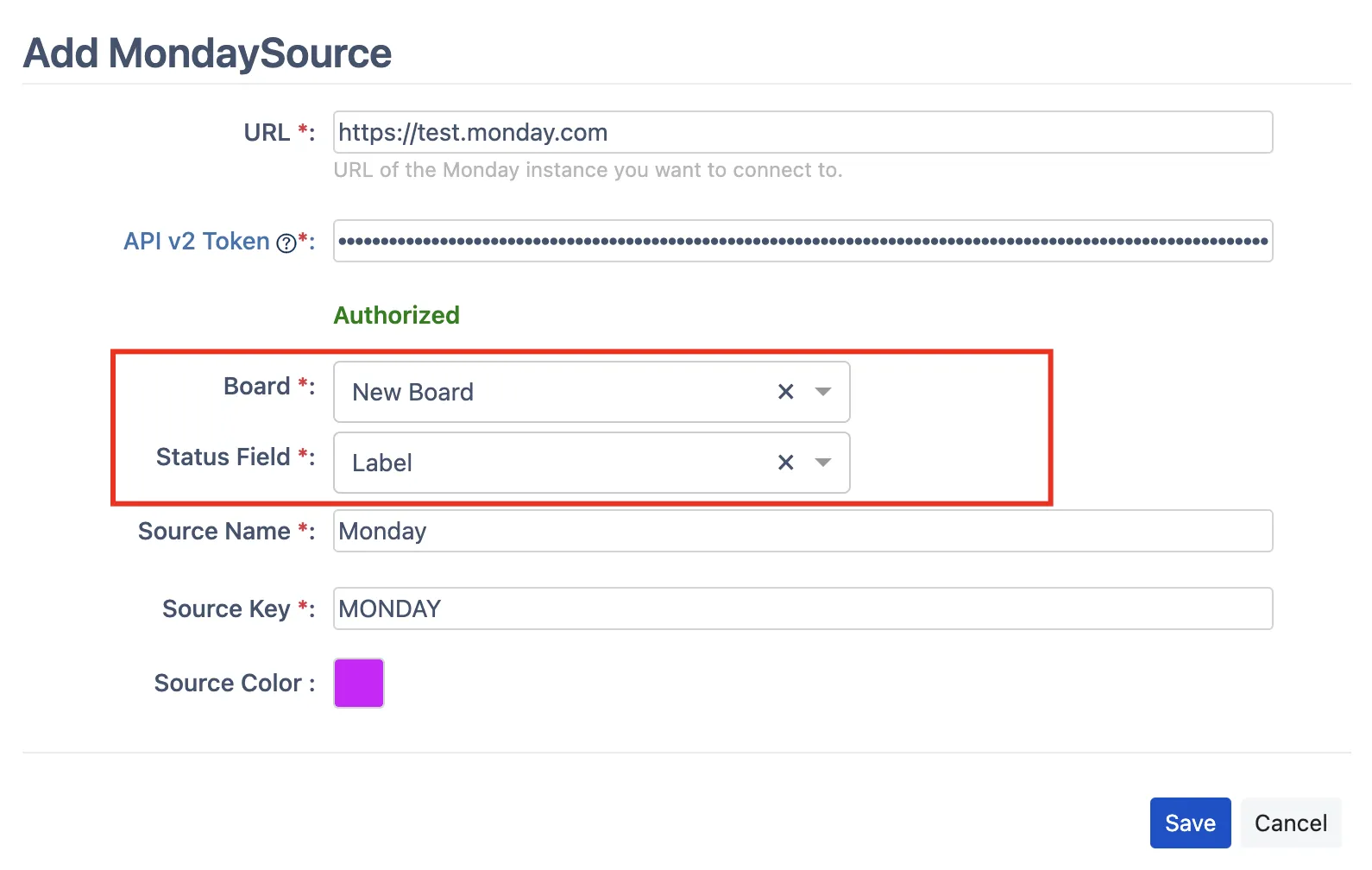 Image of Add MondaySource screen with Board and Status Field options highlighted