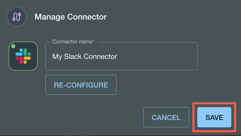 The Save option highlighted in the Manage Connector dialog.