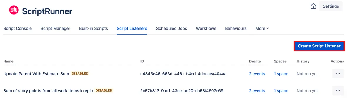 Script Listeners list screen showing the Create Script Listener button.