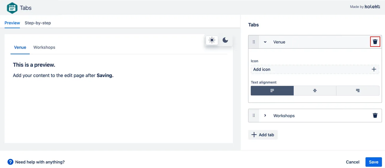Trash/Delete option within Tabs options