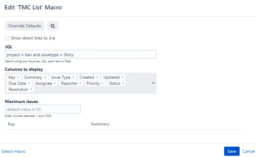 Confluence page showing the TMC List macro configured with JQL search input for Story issues