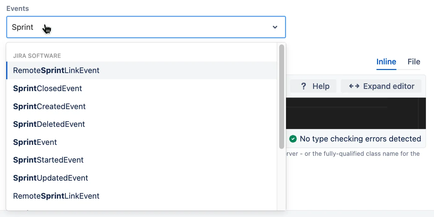 Custom listener configuration screen showing Jira Software sprint event settings
