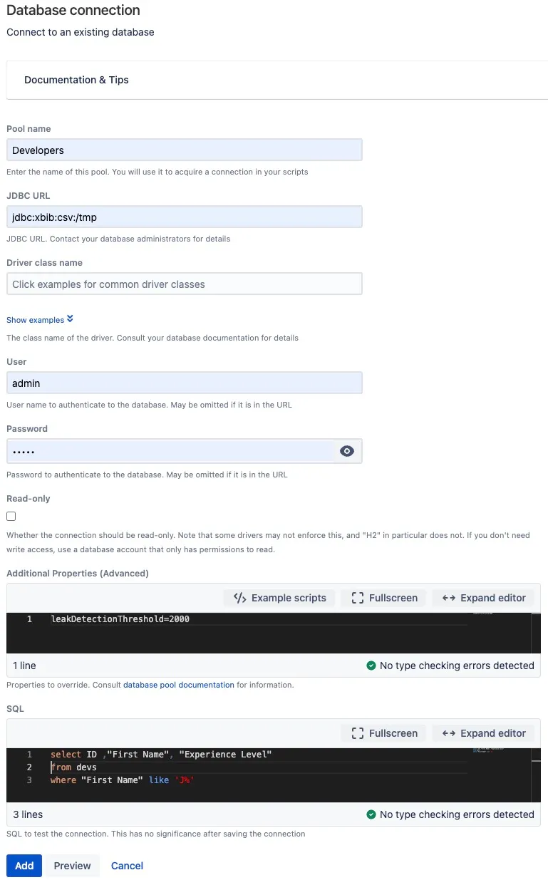 Screenshot of a CSV database connection configuration