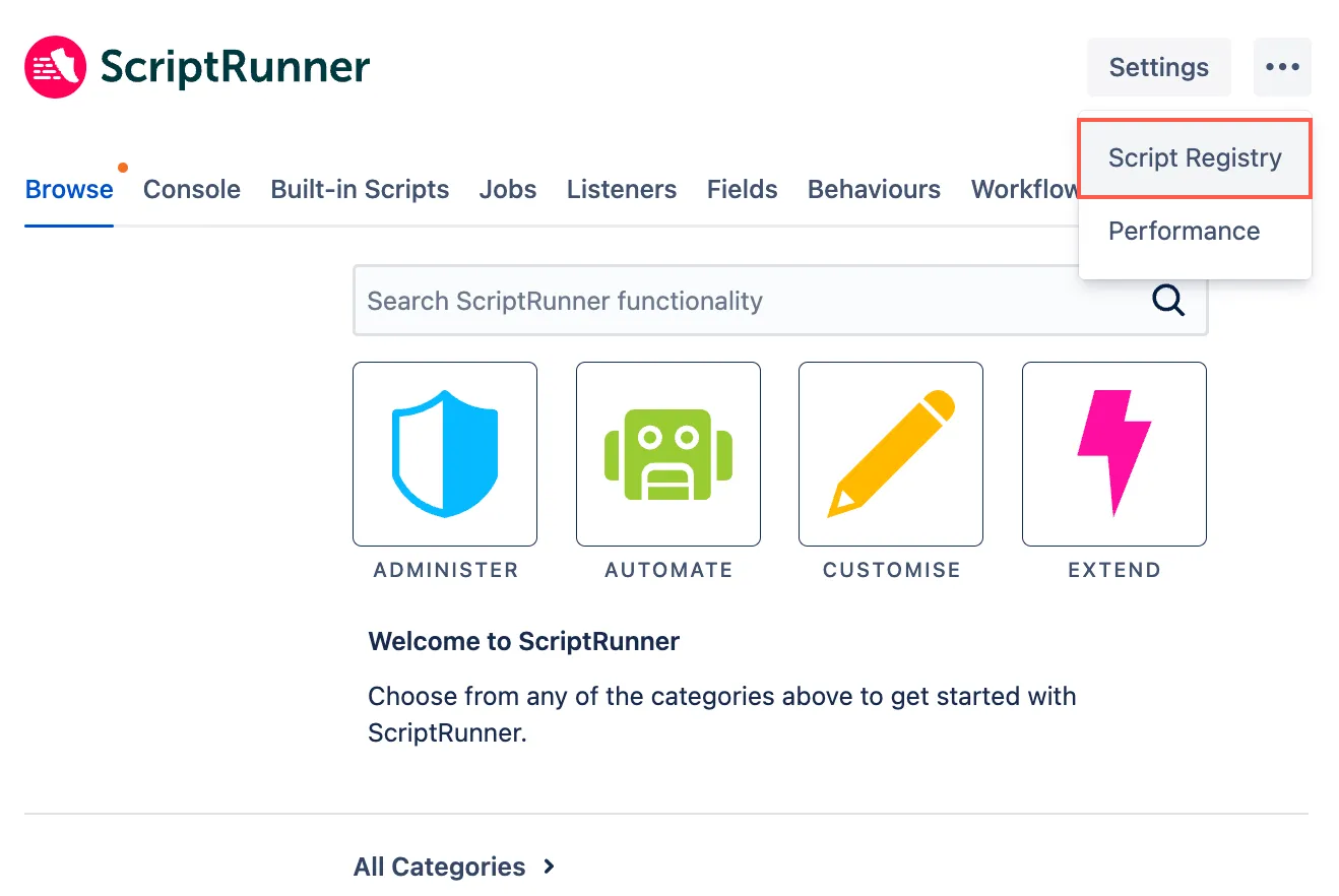 ScriptRunner Script Registry menu option highlighted in the ScriptRunner interface