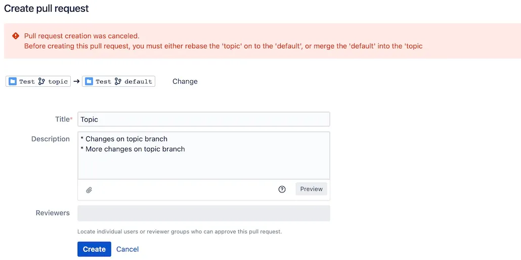 Screenshot of the Bitbucket Create pull request page showing a warning that the source branch is out of date with the target branch