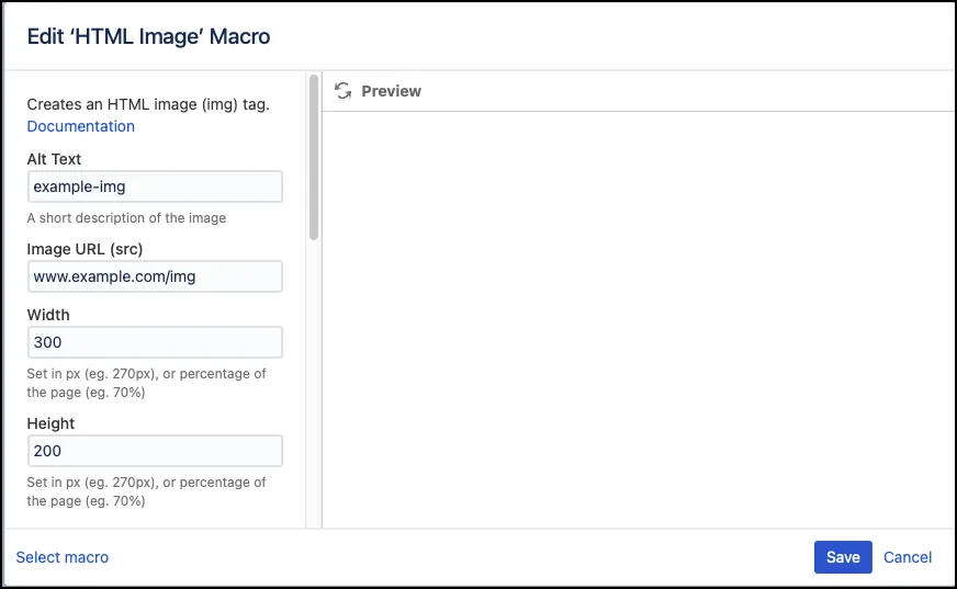 HTML Image macro configuration showing a basic image displayed on a Confluence page.