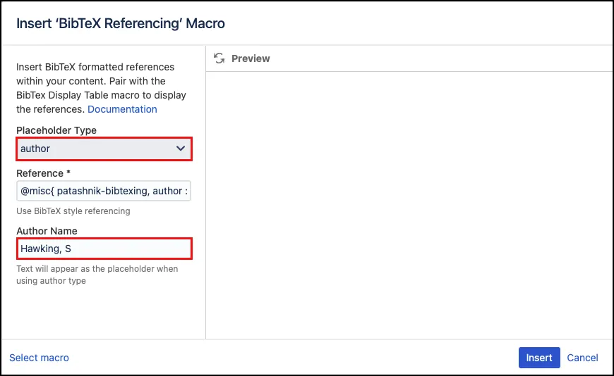 Macro editor showing BibTeX type set to author with an example author name entered