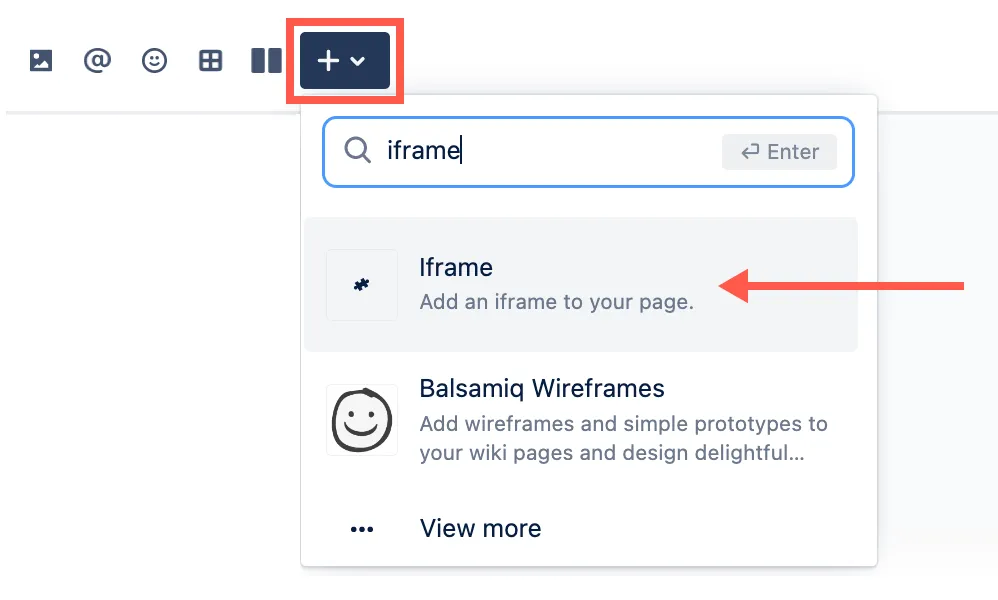 Screenshot showing Iframe macro available from the macro drop-down.
