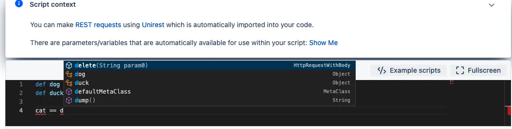 An example autocompletion shown in the Code Editor.