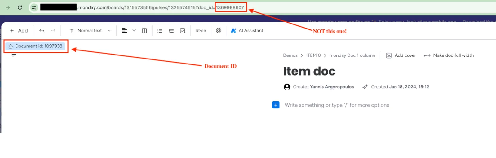 The Document ID highlighted in the document pop-up.