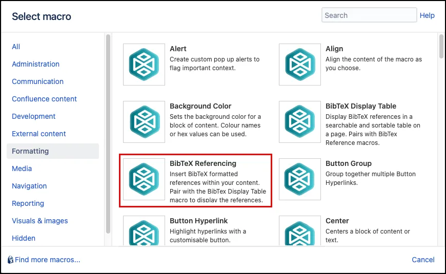 Macro Browser showing the BibTeX Referencing macro selected