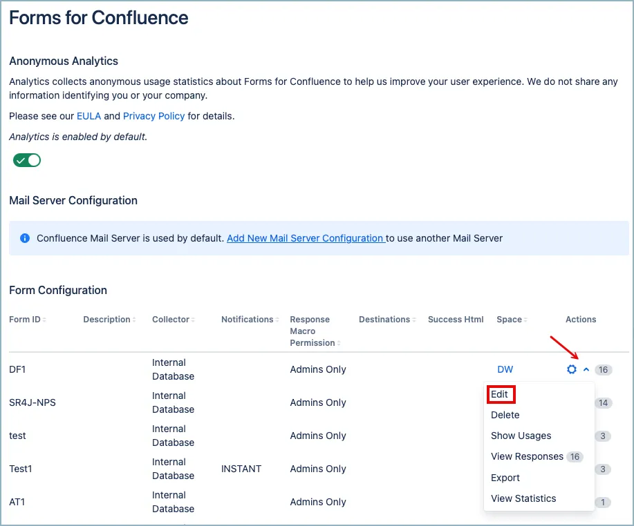Forms for Confluence app page showing the cog icon menu with the Edit option highlighted for a selected form ID.