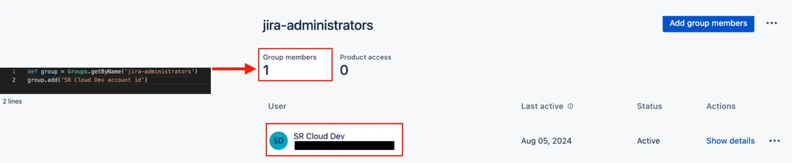 Code example showing how to add a user to the jira-developers group and the resulting group membership in the interface.