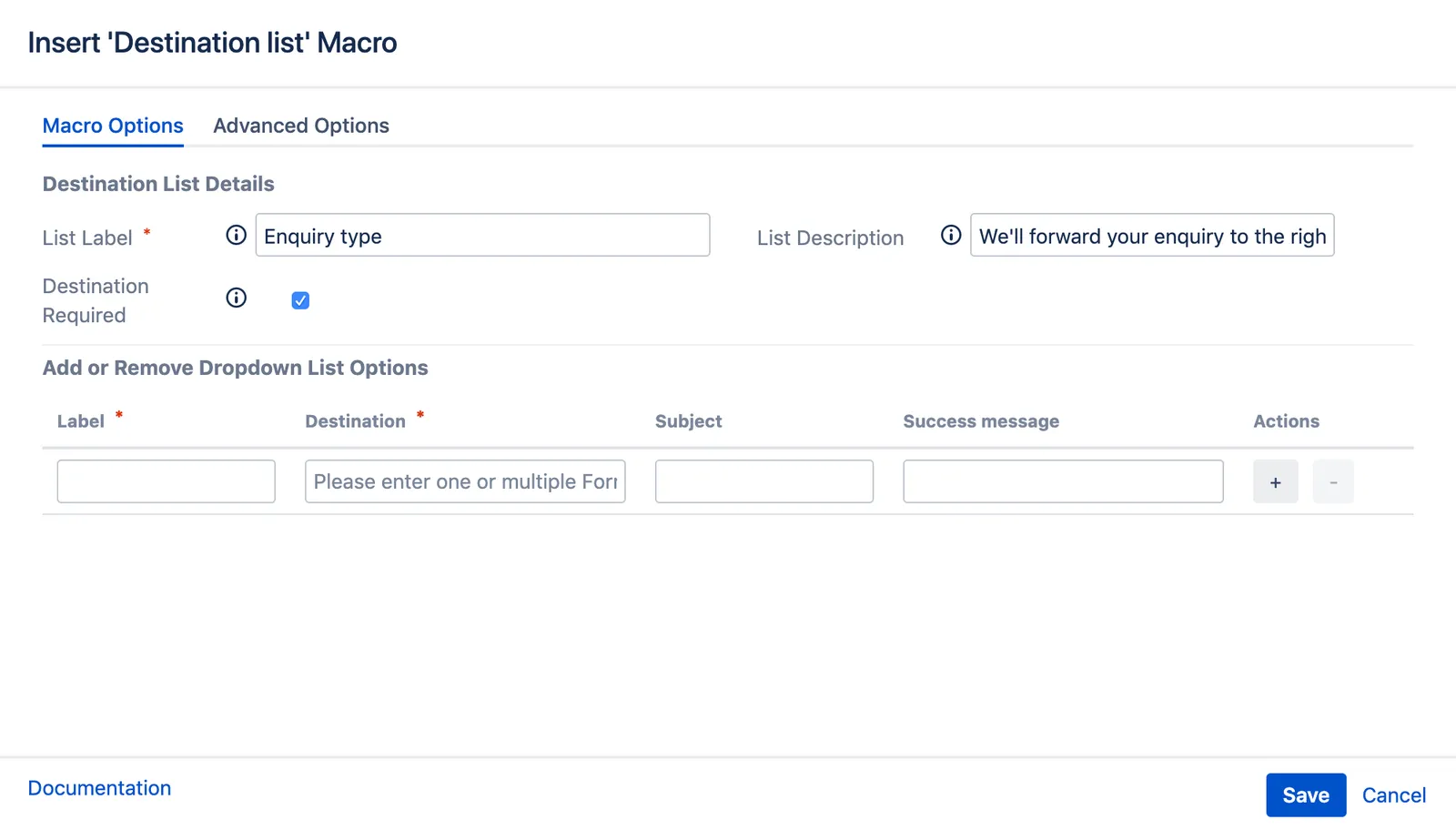 Destination List macro configuration showing List Label and List Description fields for defining destination list metadata