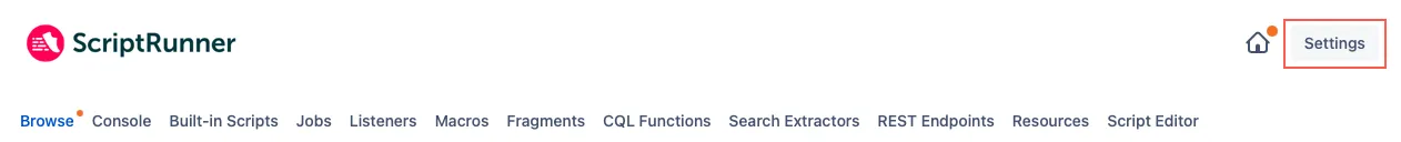 Settings called out in the ScriptRunner menu across the top of the screen once you are in ScriptRunner functionality