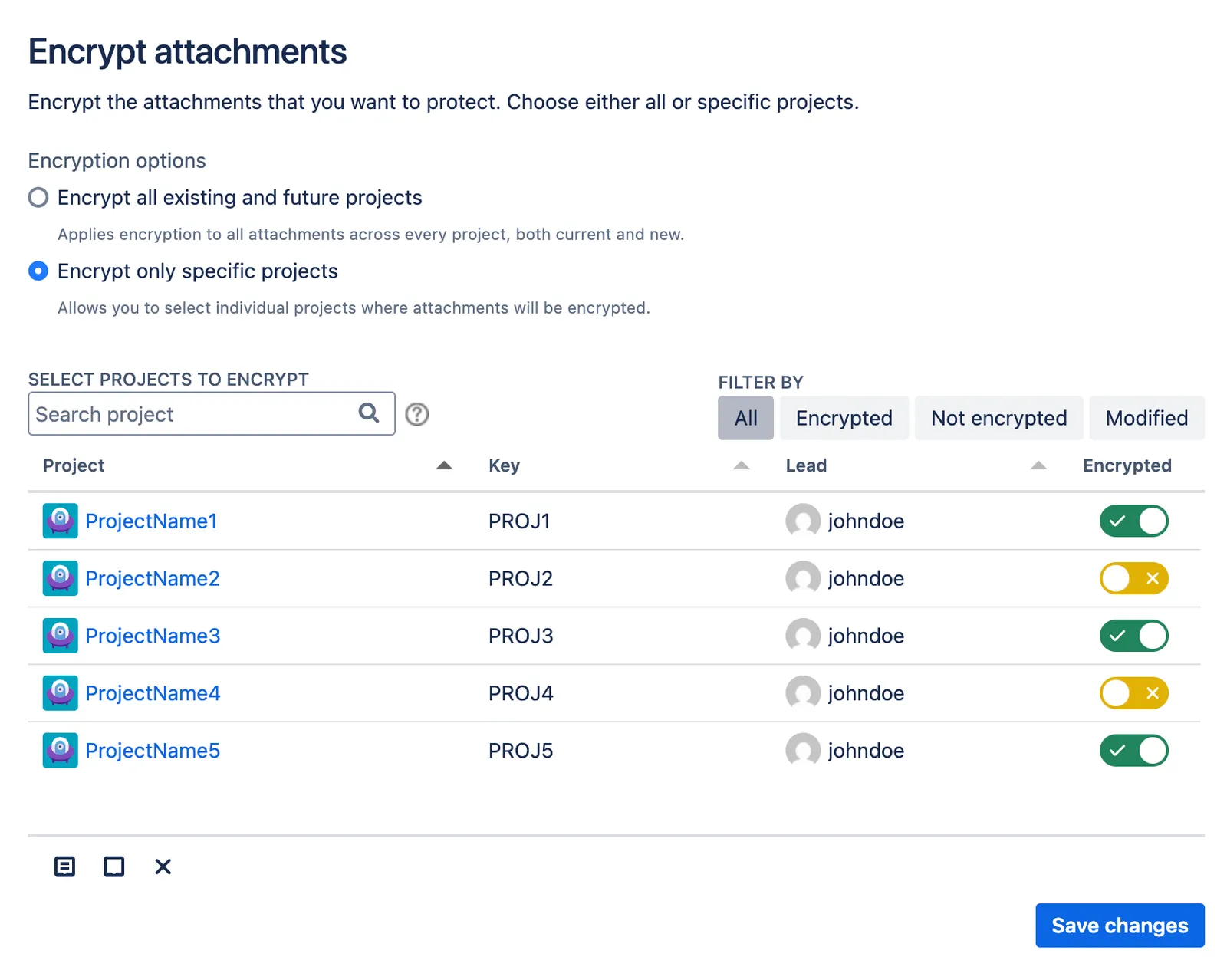 Jira encryption settings screen showing the Encrypt only specific projects option with multiple project toggles and a Search project field.