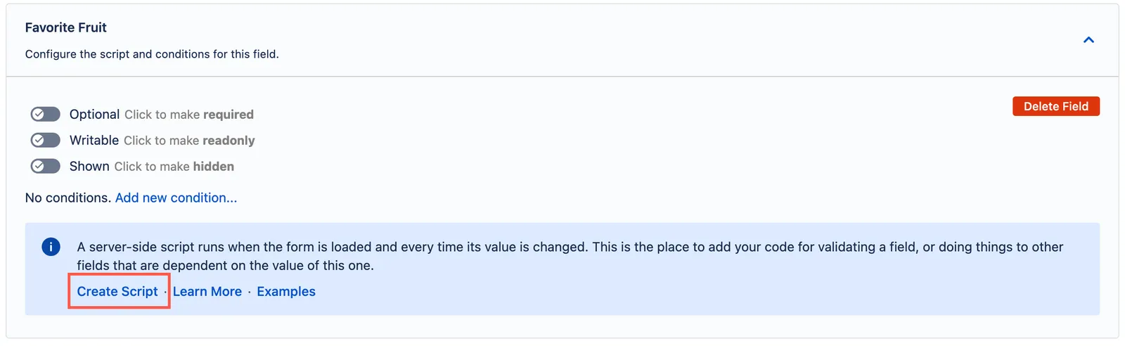 The Favorite Fruit field configuration screen showing the Create Script option.