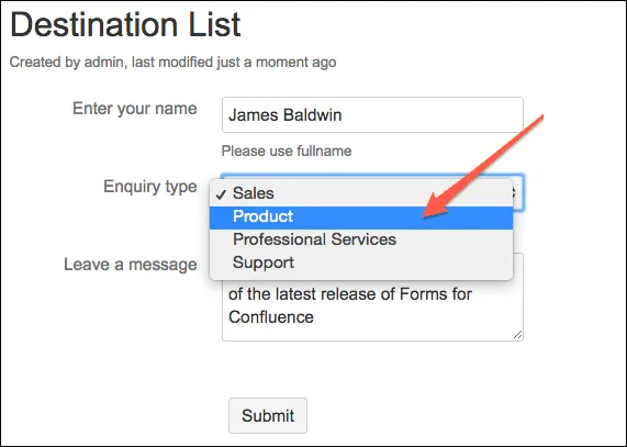 Destination List macro configuration showing options for additional email recipients for form submissions