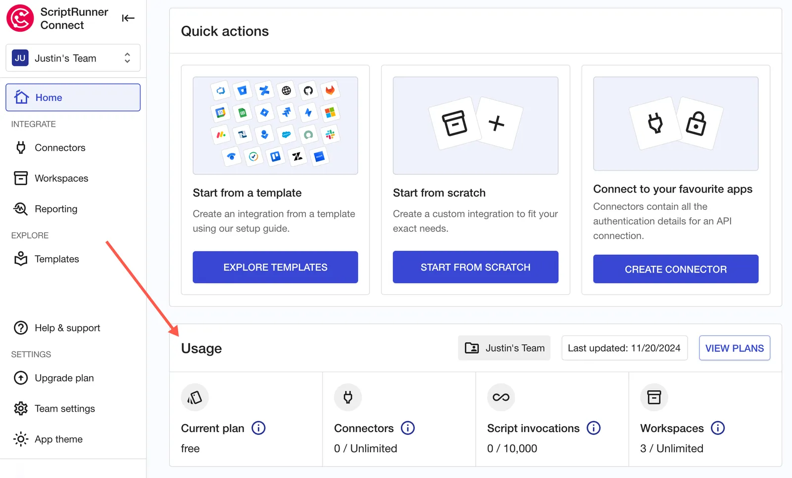 The ScriptRunner Connect homepage with an arrow highlighting the Usage section.