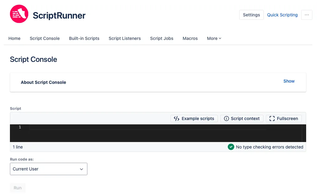 The ScriptRunner Script Console screen.