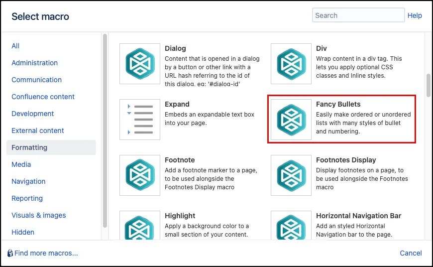 Select the Fancy Bullets macro in the Macro Browser