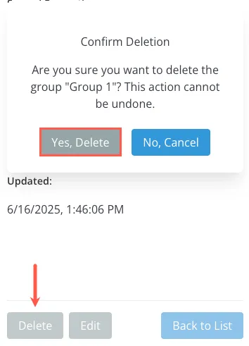 Confirmation dialog box asking if you are sure you want to delete the selected synced group, with Yes and Cancel buttons.