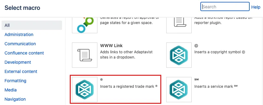 Macro Browser showing the Registered Trademark macro selected