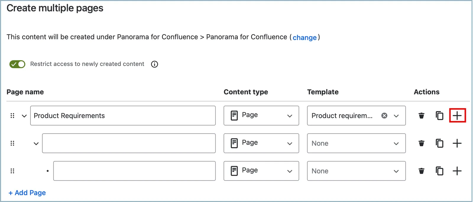 Screenshot of the page tree with the plus (+) button highlighted for adding a new child page.
